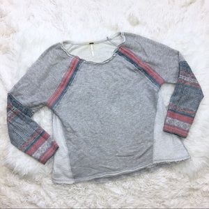 Free People Gray Sweatshirt with Patterned Coral and Blue Sleeve Inserts
